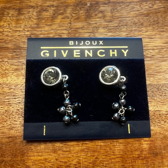 Vintage Bijoux Givenchy Silver Tone Stone Dangle Clip on Earrings - Picture 1 of 3